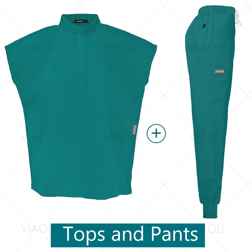 Scrubs Uniforms Sets Medical Nursing Hospital Working Clothes Solid Color Surgical Gowns Breathable Scrub Top Joggers Pants Suit