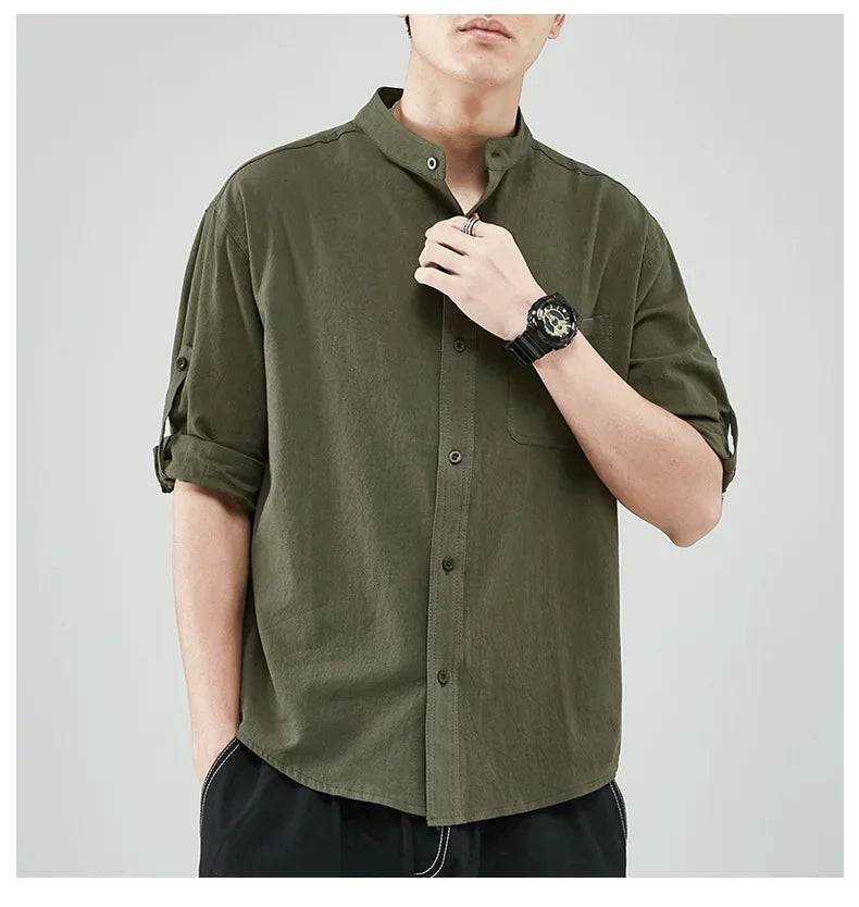 Line Shirt Men's Short-sleeved White Shirt Loose Chinese Style Summer Cotton Linen Casual Jacket Men's Quarter-sleeved Top