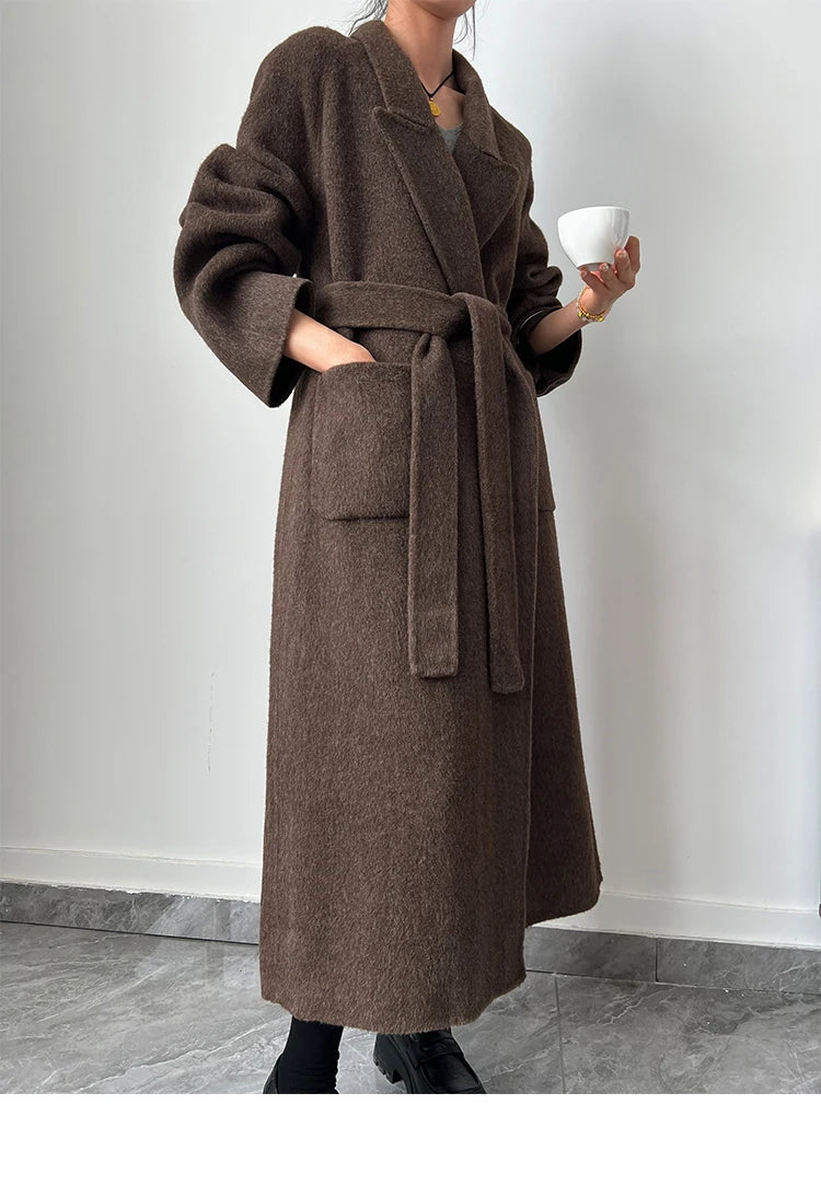 Office Lady Woolen Jackets 2024 Autumn And Winter Bathrobe Style Pocket Double-Sided Loose Lace -Up Tie Women's Long Wool Coats