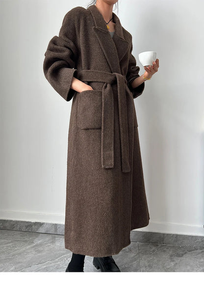 Office Lady Woolen Jackets 2024 Autumn And Winter Bathrobe Style Pocket Double-Sided Loose Lace -Up Tie Women's Long Wool Coats