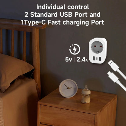 New-A47Q-16A Tuya Smart Plug Socket With PD Fast USB Ports Power Monitor Timing And Countdown Smart Home Via Alexa Home EU PLUG