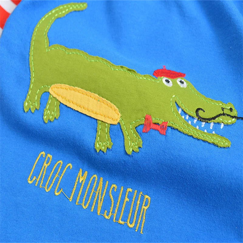 Baby Boys Girls 18-6T Striped Cartoon Tshirts With Applique Animal Kids Hot Selling Spring Autumn Clothes Designed Tops Clothing