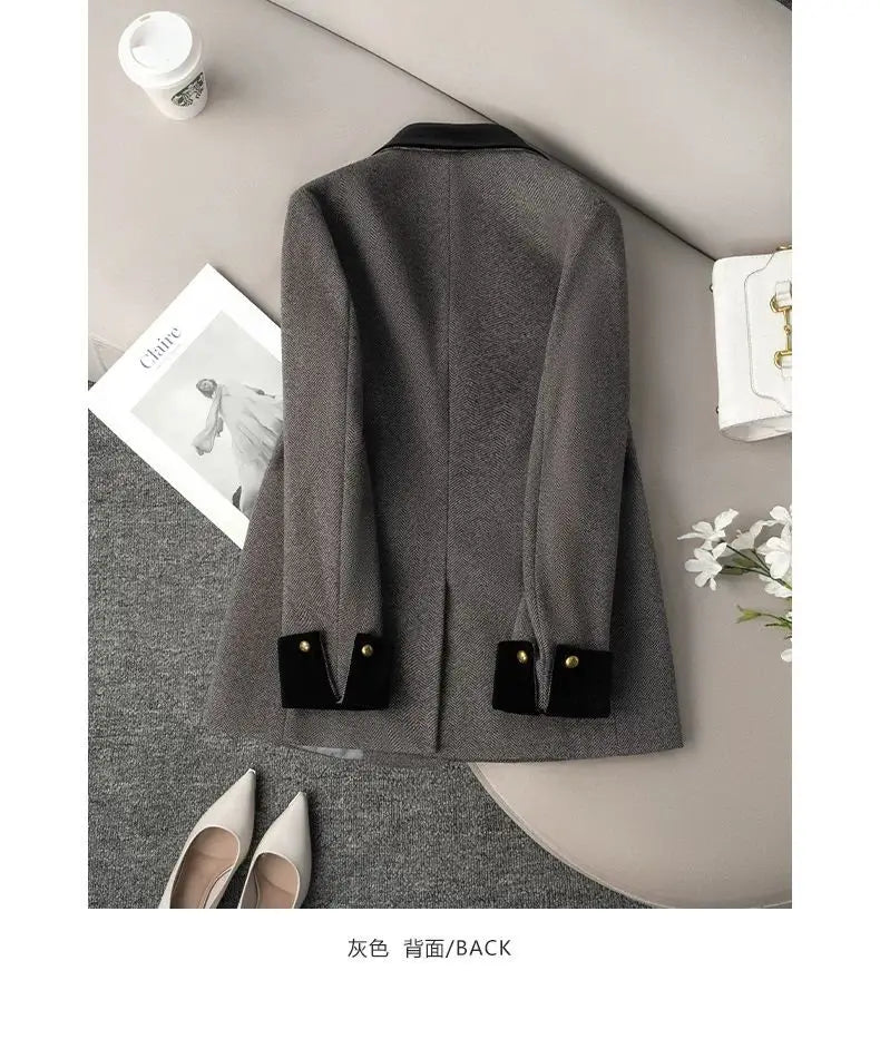 Women's Office Woolen Suit Jacket for women 2025 New Autumn Winter Chic gray Herringbone pattern Suit Female Thick Casual Coat