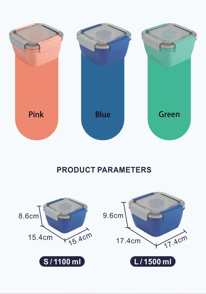 1 pc Salad Lunch Box Container With 37-oz Salad Bowl, 3 Compartments And 2-oz Sauce Container For Salad Toppings Or Snacks