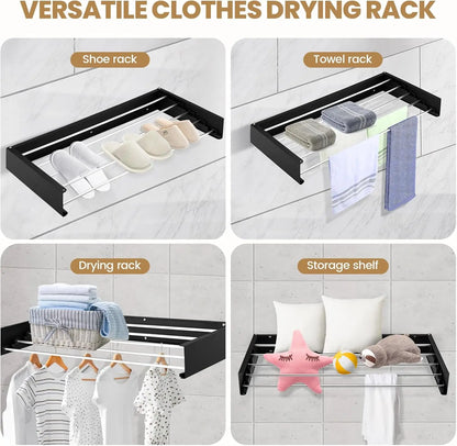 80cm Wall Mounted Laundry Drying Rack White Metal Clothes Drying Rack 5 Rods Space Saving Laundry Racks for Drying Towel Shoes