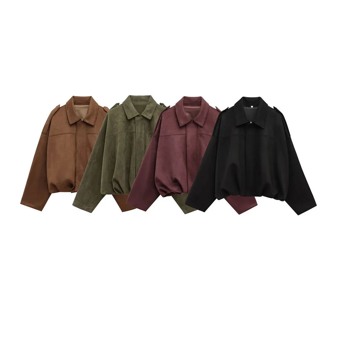 Oversize Bomber Jacket Spring Autumn 4 Color Thick Faux Suede Texture Long Sleeve Zipper Short Women Loose Coat Female Top Y2K