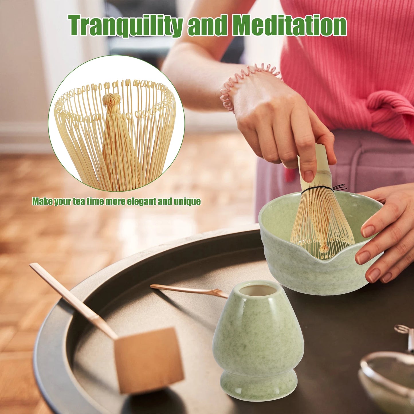 4Pcs Matcha Whisk Set Elegant Matcha Tea Set Reusable Matcha Making with Ceramic Matcha Bowl Matcha Whisk Holder for Tea Lovers