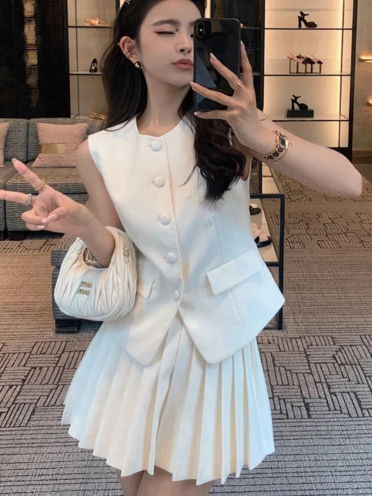 Womans Clothes for 2025 Two Piece Set Sleeveless Tunic Vest Coat High Waist Pleated Mini Skirts Outfits Chic Korean Summer Suit