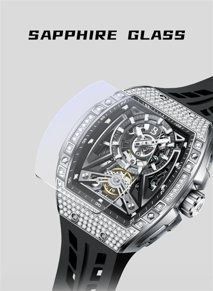 Men Mechanical Winding Watch Montre Homme 2024 New BRUBOSES 5ATM Water Resistant Luminous Tonneau Quartz Wristwatch WIth Diamond