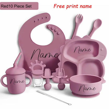 Baby Silicone Tableware Dinosaur Plate Dishes For Kids Personalized Name Baby Feeding Sets Fruit Feeder Baby Led Weaning Supplie