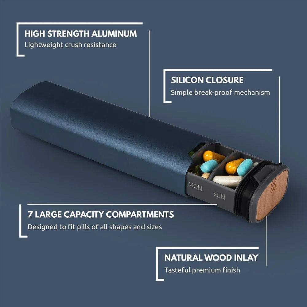 1Pcs 7 Day Weekly Pill Organizer,Premium Stylish Aluminum and Wood Large Capacity Pill Box for Supplements,Vitamins and Medicine