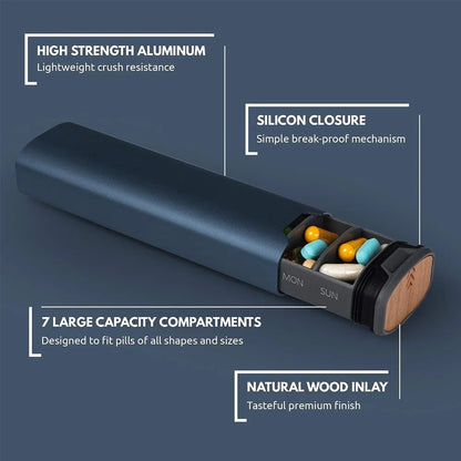 1Pcs 7 Day Weekly Pill Organizer,Premium Stylish Aluminum and Wood Large Capacity Pill Box for Supplements,Vitamins and Medicine