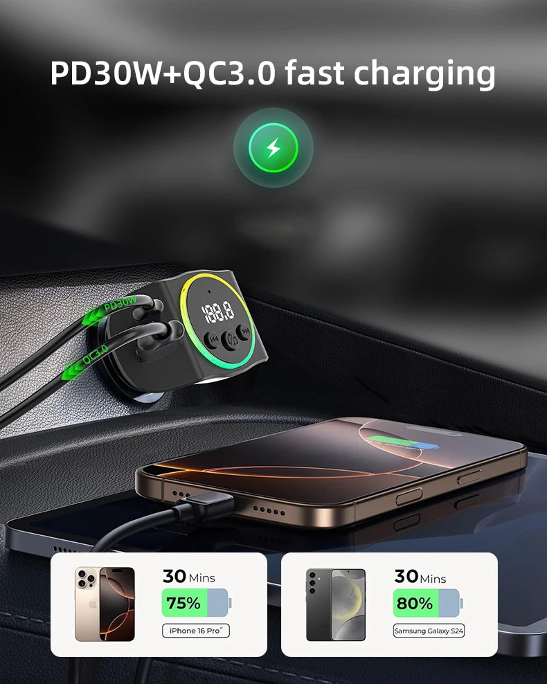 PD30W+QC3.0 Bluetooth 5.3 Car MP3 Player FM Transmitter Wireless Handsfree U Disk Play Music USB Type-C Car Fast Charger Adapter