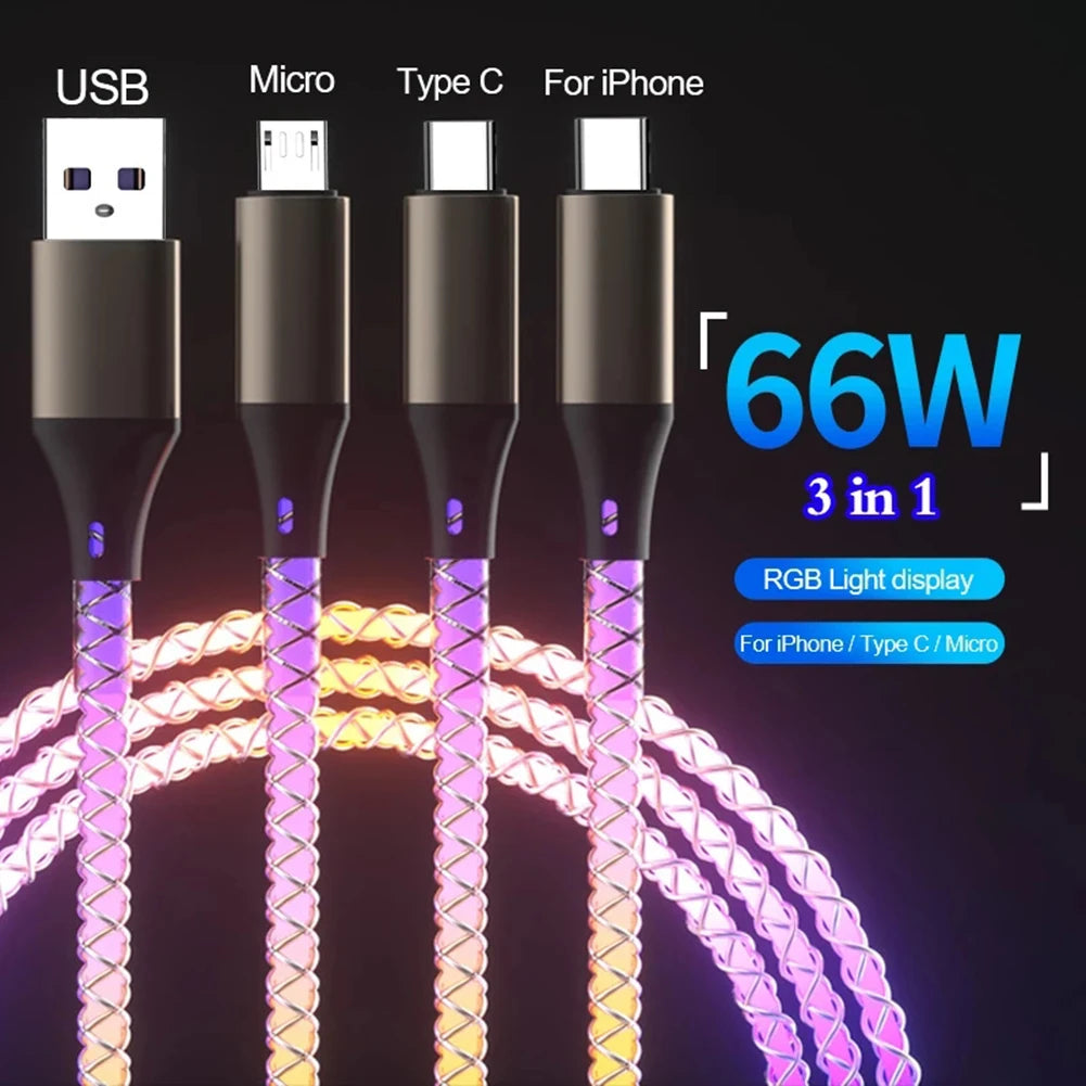 3 in 1 Glowing LED Light 6A 66W Fast Charging Micro USB Type C Cable For iPhone Samsung Xiaomi Redmi Phone Charger USB Cable