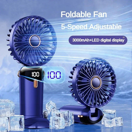 Handheld Neck Hanging USB Mini Fan Foldable Portable 5 Speed Rechargeable Fan With Phone Stand And LED Display Screen