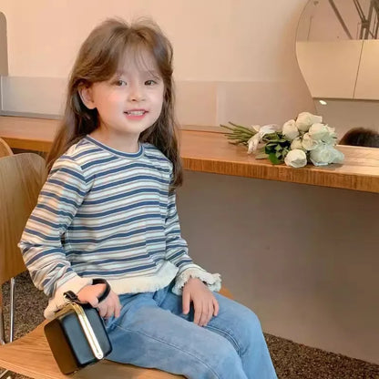 Children's T-Shirts Children's Striped Long-sleeved Baby Girls T-shirt Tassel Cuff Crew Neck Top Girl Clothes