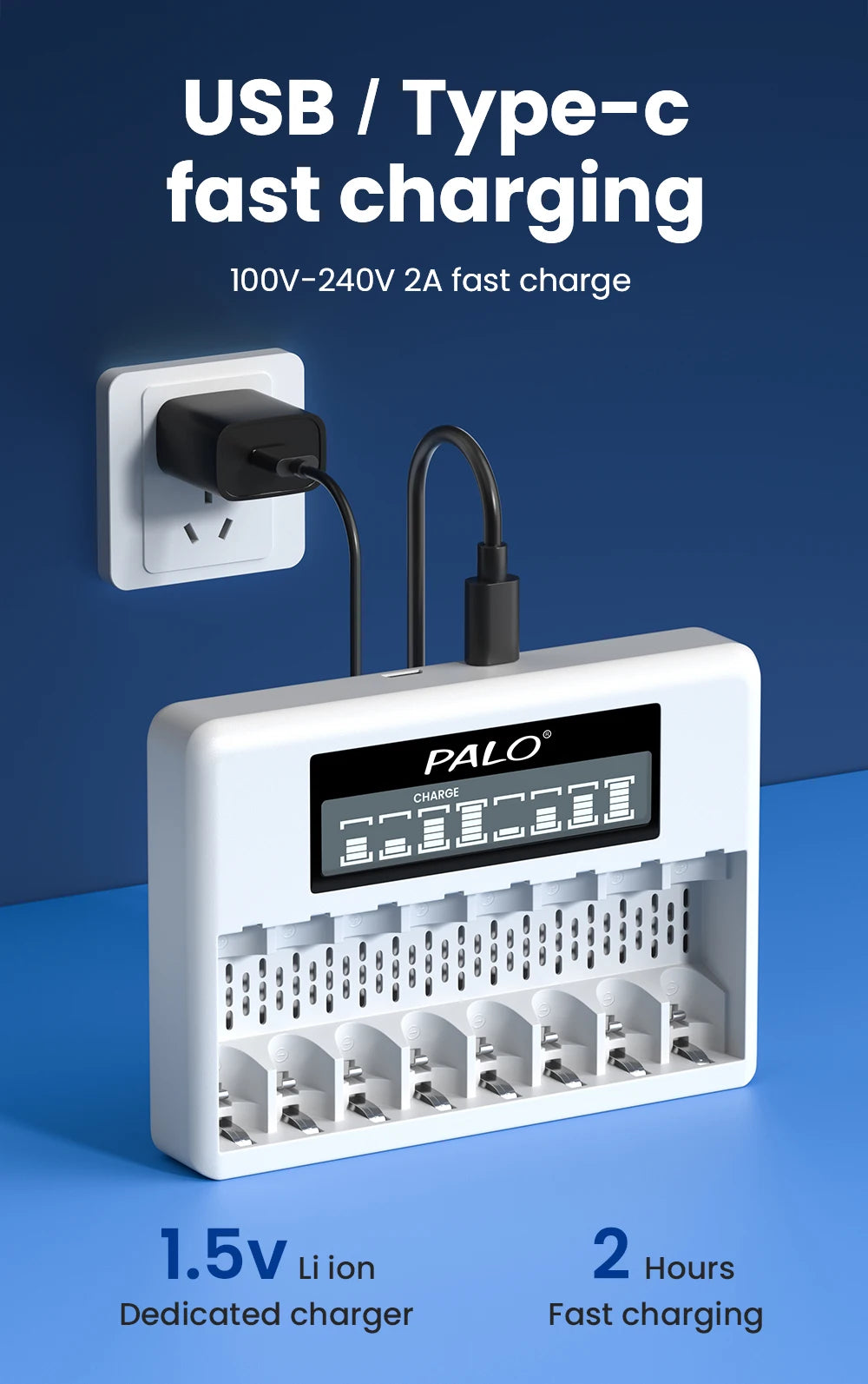 8 Slots 1.5V AA/AAA Rechargeable Battery Charger LCD Display Usb Fast Intelligent Charger for 1.5 Volts Li-lon AA AAA Battery