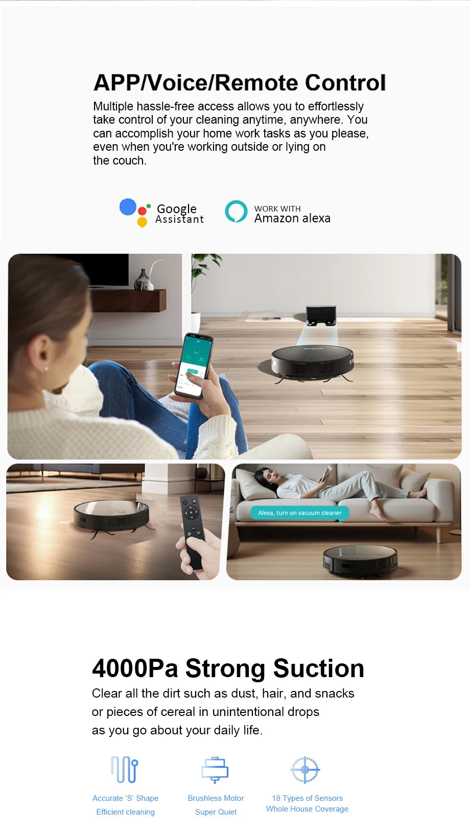 Robot Vacuum Cleaner Combo Mop,4000PA Suction Robotic,WiFi/Voice Control,Auto-Recharge,Pet Hair For Home Vacuum Cleaning Robot