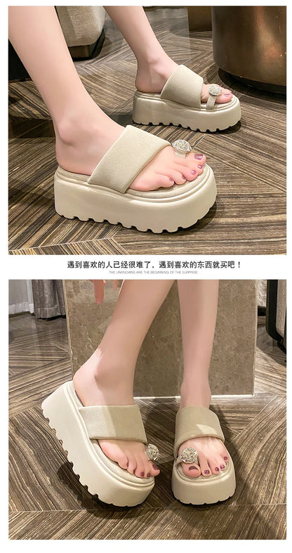 7cm Shiny Rhinestone High Platform Slippers Women Butterfiy-Knot Heels Chunky Sandals Woman Summer Thick Bottom Wedges Slides