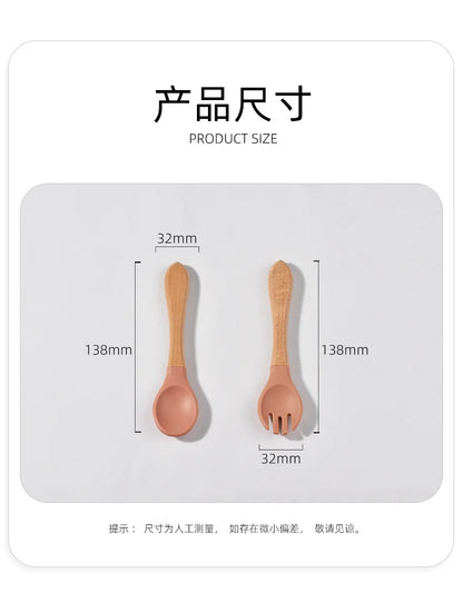 Baby Silicone Feeding Set with Wooden Handle Soft Training Spoon and Fork for Kids