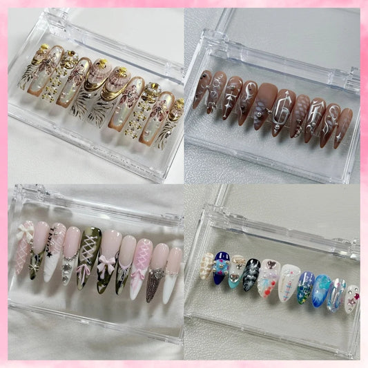 10PCS Handmade Manicure Press-On Nails French Style Medium Almond Shape with Blue Bow Design Includes Adhesive And Nail File Set