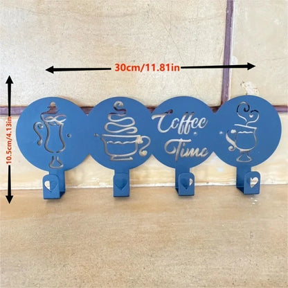 4 Hooks Coffee Time Written, Decorative Kitchen Hooks, coffee Mug Decorated,  Mug Holder Towel Holder Iron Crafts，Wall hanging