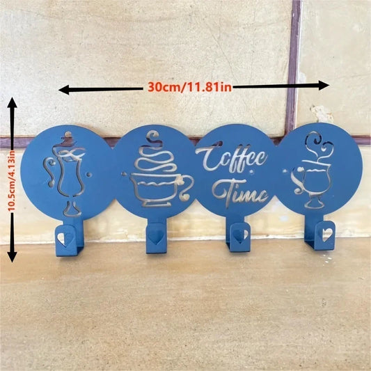 4 Hooks Coffee Time Written, Decorative Kitchen Hooks, coffee Mug Decorated,  Mug Holder Towel Holder Iron Crafts，Wall hanging