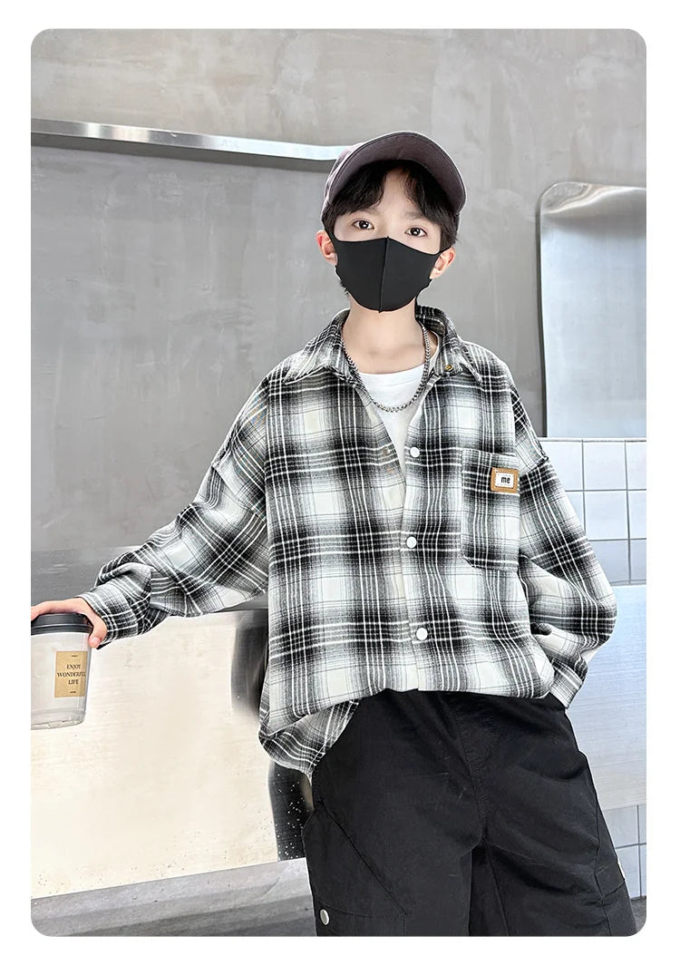 Baby Boys Shirts Fashion Classical Black White Color Plaid Blouse Gentlemen's Long Sleeve Shirt Teen Kids Tops Boys Clothes 5-14