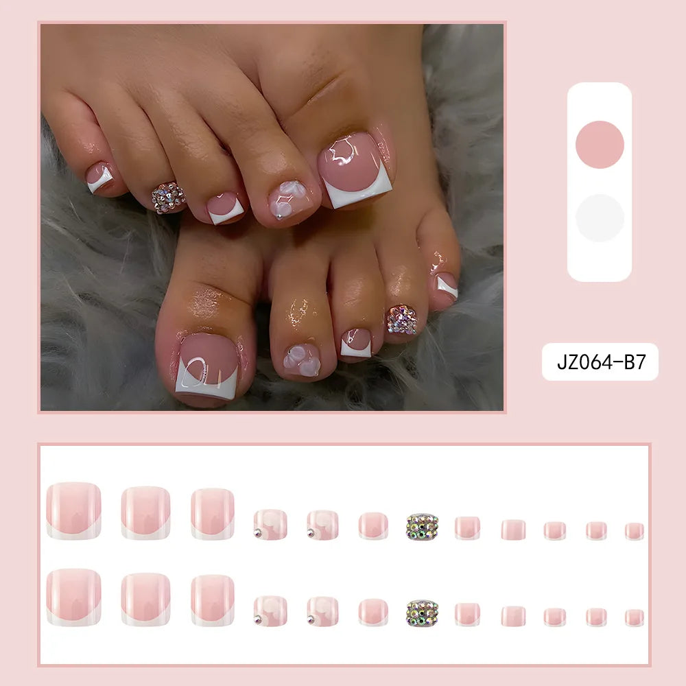 24 Pcs French Design Fake Toe Nail Press on Toe Nail Summer False Nails Acrylic Reusable Toe Nail Decorated Nails With Tool Kit