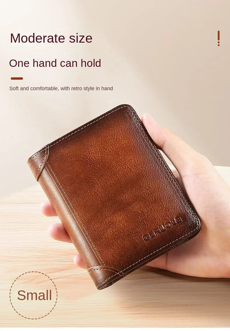 Men's Wallets RFID Blocking Genuine Leather Trifold Business Short Purse Wallet for Men with ID Window and Credit Card Holder