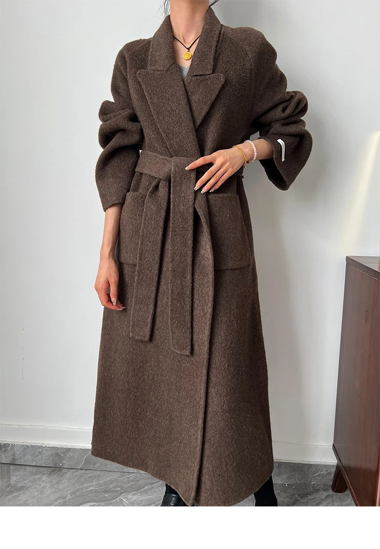 Office Lady Woolen Jackets 2024 Autumn And Winter Bathrobe Style Pocket Double-Sided Loose Lace -Up Tie Women's Long Wool Coats