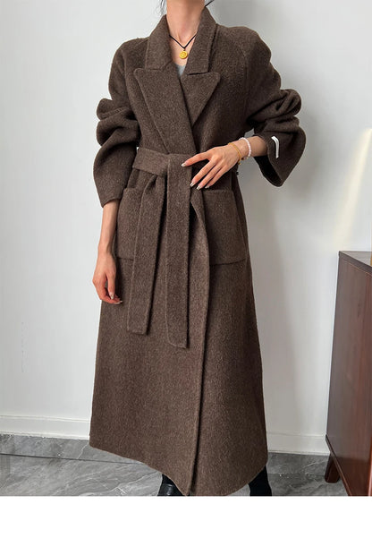 Office Lady Woolen Jackets 2024 Autumn And Winter Bathrobe Style Pocket Double-Sided Loose Lace -Up Tie Women's Long Wool Coats