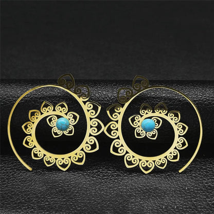 Vintage Ethnic Indian Carved Mandala Flower Dangle Earrings Stainless Steel Stone Boho Hollow Earring Jewelry pendientes flor