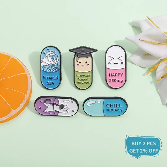 Happy Capsule Pill Enamel Pin Vitamin Sea Pharmacy School Survivor Pharmacist Brooch Badge Jewelry Gift For Medical Student