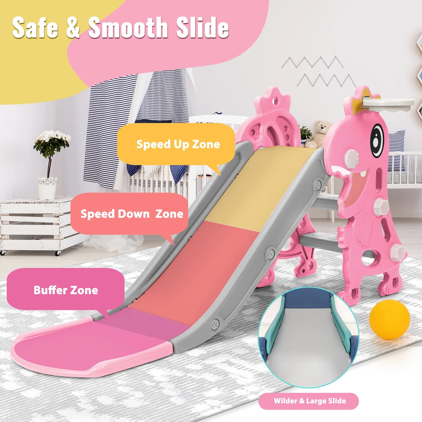 3 in 1Toddlers Slide Board Indoor Children Slide Kids Slide Dinosaur Shape Non Slip Stairs with Basketball Hoop Climber