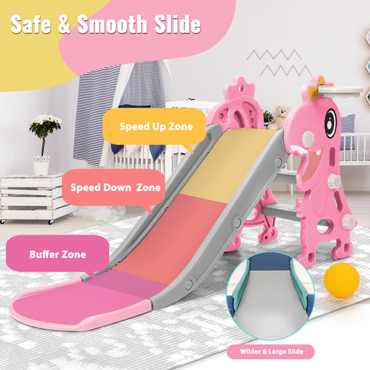 3 in 1Toddlers Slide Board Indoor Children Slide Kids Slide Dinosaur Shape Non Slip Stairs with Basketball Hoop Climber