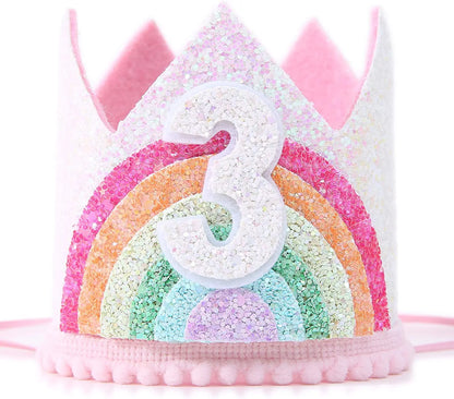 Felt Rainbow Theme Birthday Party Crown 1st 2nd 3rd Happy Birthday Party Decor Kids Baby Shower Party Number Hat Unicorn Party