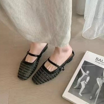 Fashionable slippers, women's hollow toe half-slippers, 2025 summer new square-toed low-heel comfortable women's shoes