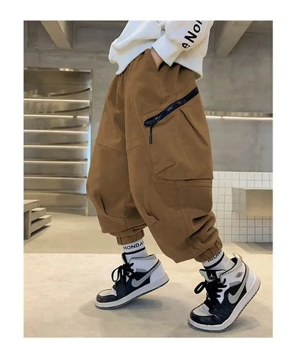 Boys Spring Autumn Children's Clothing Cargo Pants Children's Casual Large Size Sweatpants Boys Fashion Fake Zippers Cargo Pants
