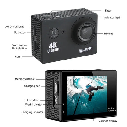 Helmet Video Recording Camera Sports Cameras Outdoor Cam 4K Action Camera 1080P/30FPS WiFi 2.0" 170D Underwater Waterproof