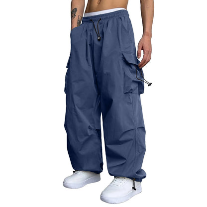 Mens Casual Sports Cargo Pants Woven Pocket Foot Rope Street Tie Solid Pants Mens Multi-Pockets Cargo Pants Pantalones Hombre