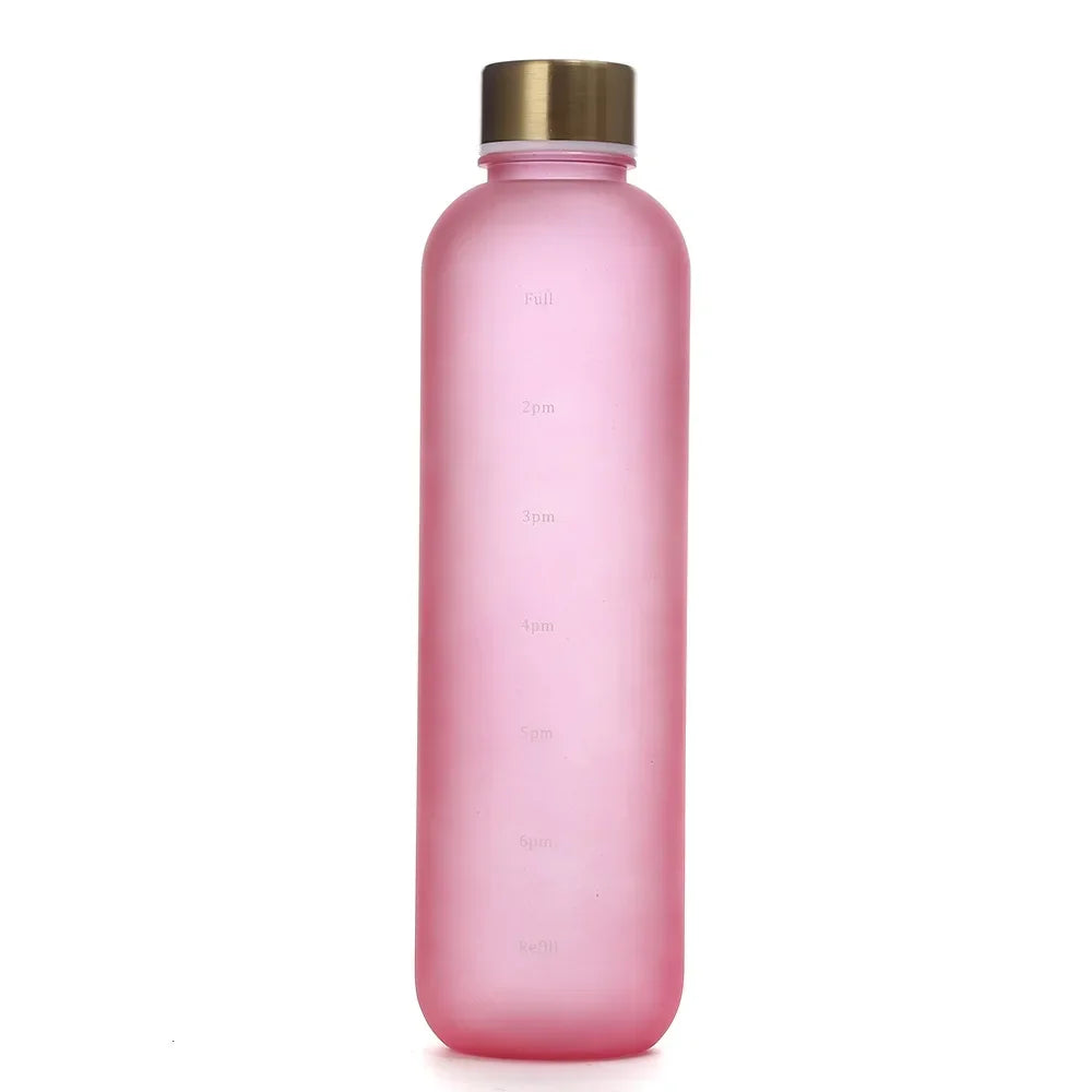 1L Water Bottle with Time Marker 320Z Large Capacity Reusable Fitness Sports Outdoors Travel Leakproof BPA Free Frosted Plastic