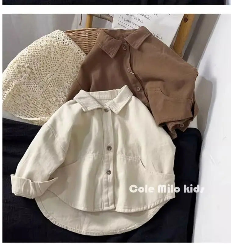 Boys' Shirt Spring and Autumn New Girls' Cotton Long sleeved Shirt Baby Solid Color Top Children's Cardigan