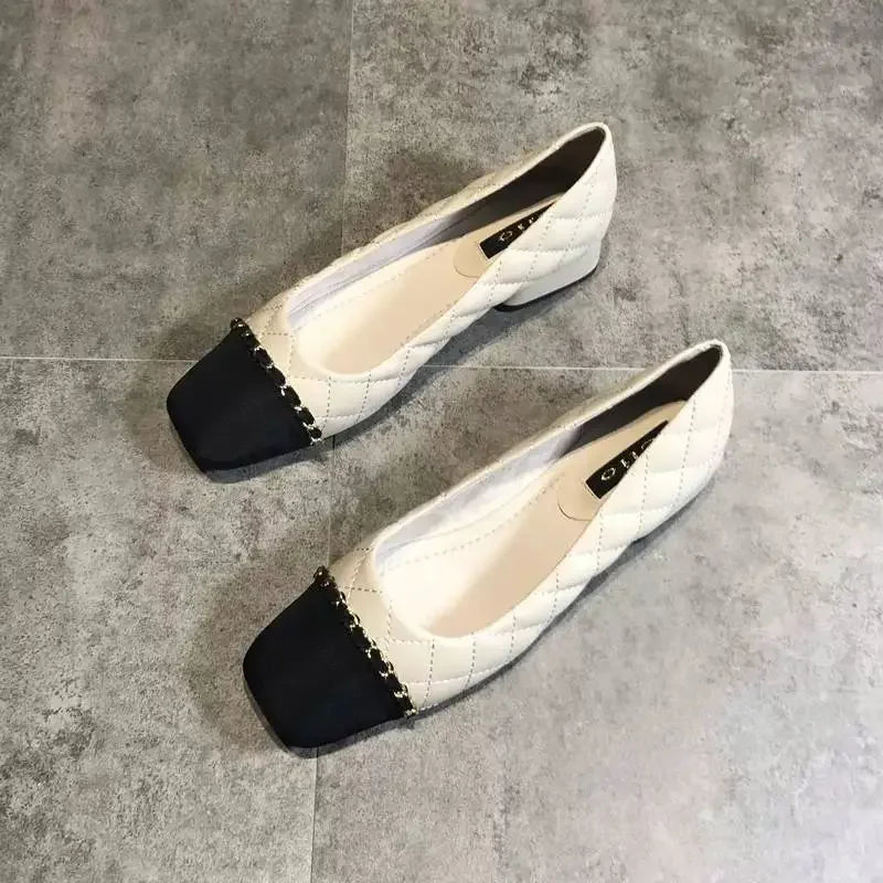 Office Woman Footwear Beige Fashion Leather Casual Shoes For Women Block Heel Square Toe Low Elegant Popular Vacation Spring Y2k