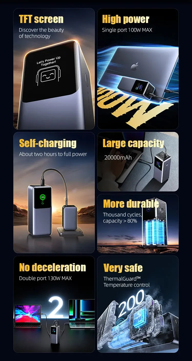 200W PD3.1 Power Bank 25000mAh with TFT Color Screen, 100W Fast Charging for Laptop and Phone, Portable Power Bank