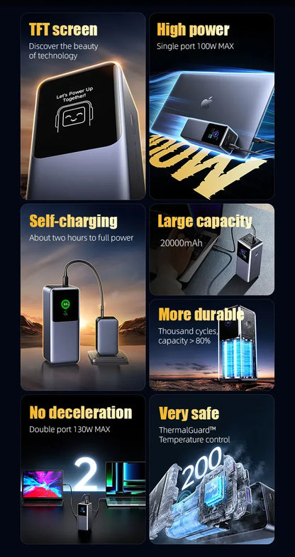200W PD3.1 Power Bank 25000mAh with TFT Color Screen, 100W Fast Charging for Laptop and Phone, Portable Power Bank