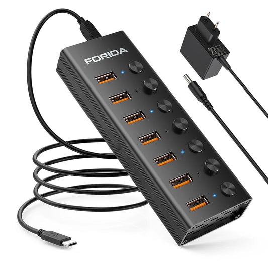 FORIDA USB C Hub 3.2 10Gbps 4/7 Port Aluminium Alloy Docking Stations Splitter LED Switches Adapter for MacBook Laptop Phone