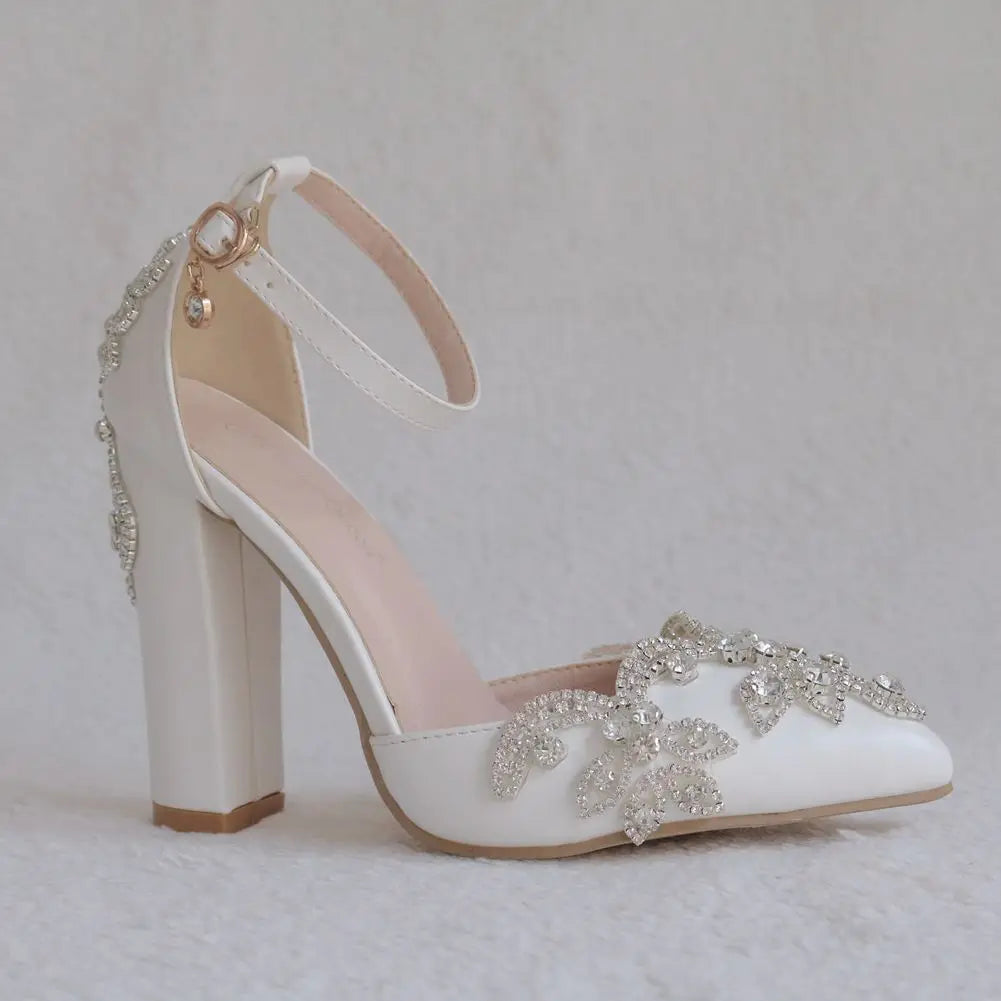 2025 Thick Heel Pointed Toe Shoes Large Size  Thick Heel Sandals Women Rhinestone Wedding Shoes Women White Wedding Shoes Drill