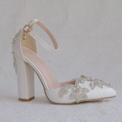 2025 Thick Heel Pointed Toe Shoes Large Size  Thick Heel Sandals Women Rhinestone Wedding Shoes Women White Wedding Shoes Drill