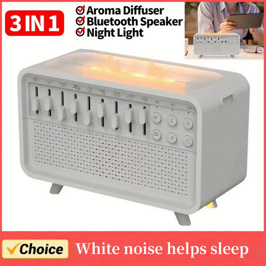 White Noise Sleep Sound Machine Flame Air Diffuser Humidifier with BT Speaker and Night Light Essential Oil Diffuser for Bedroom